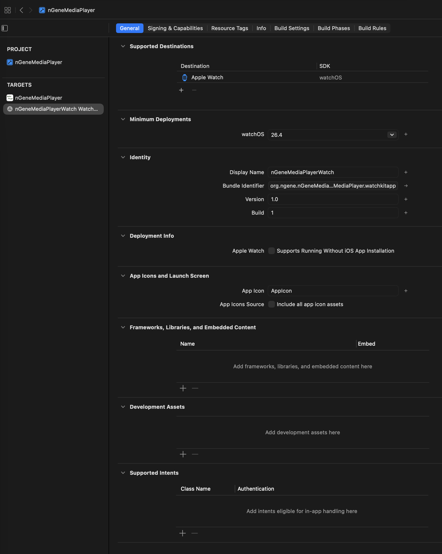 Watch App target General tab showing the Watch App bundle identifier and the running-without-iOS-app setting
