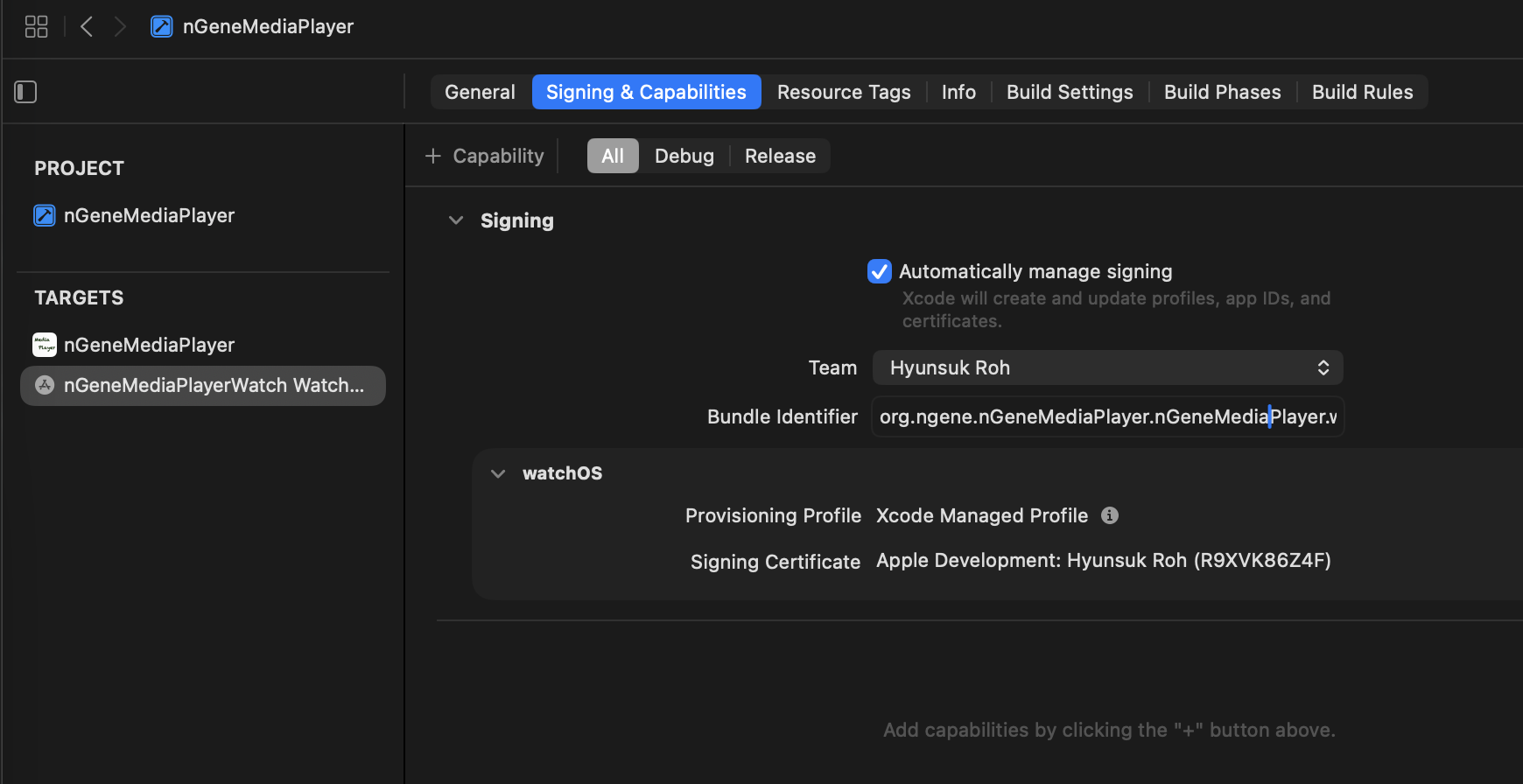 Watch App target Signing and Capabilities tab showing the Watch App bundle identifier