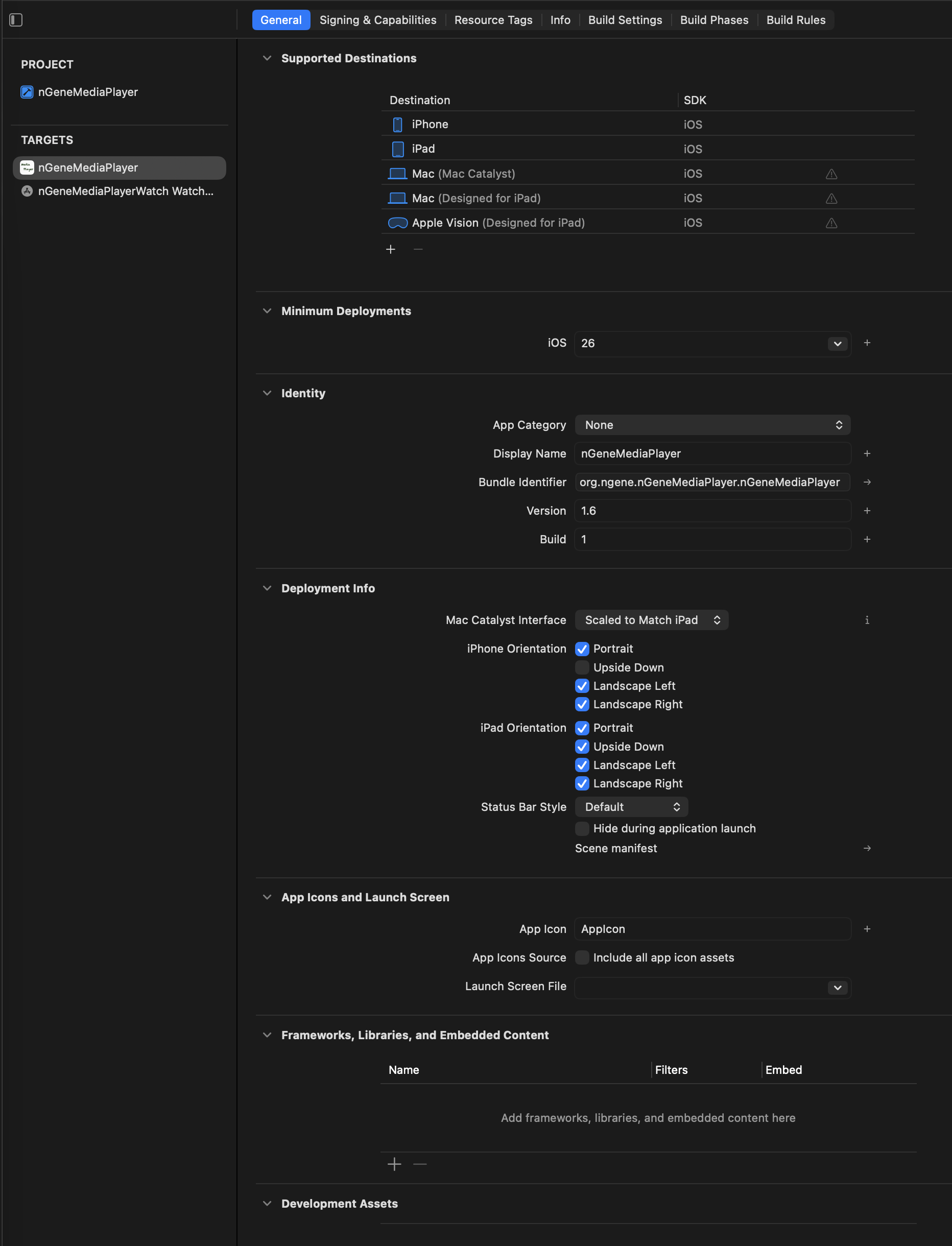 iOS app target General tab showing the main iOS app bundle identifier