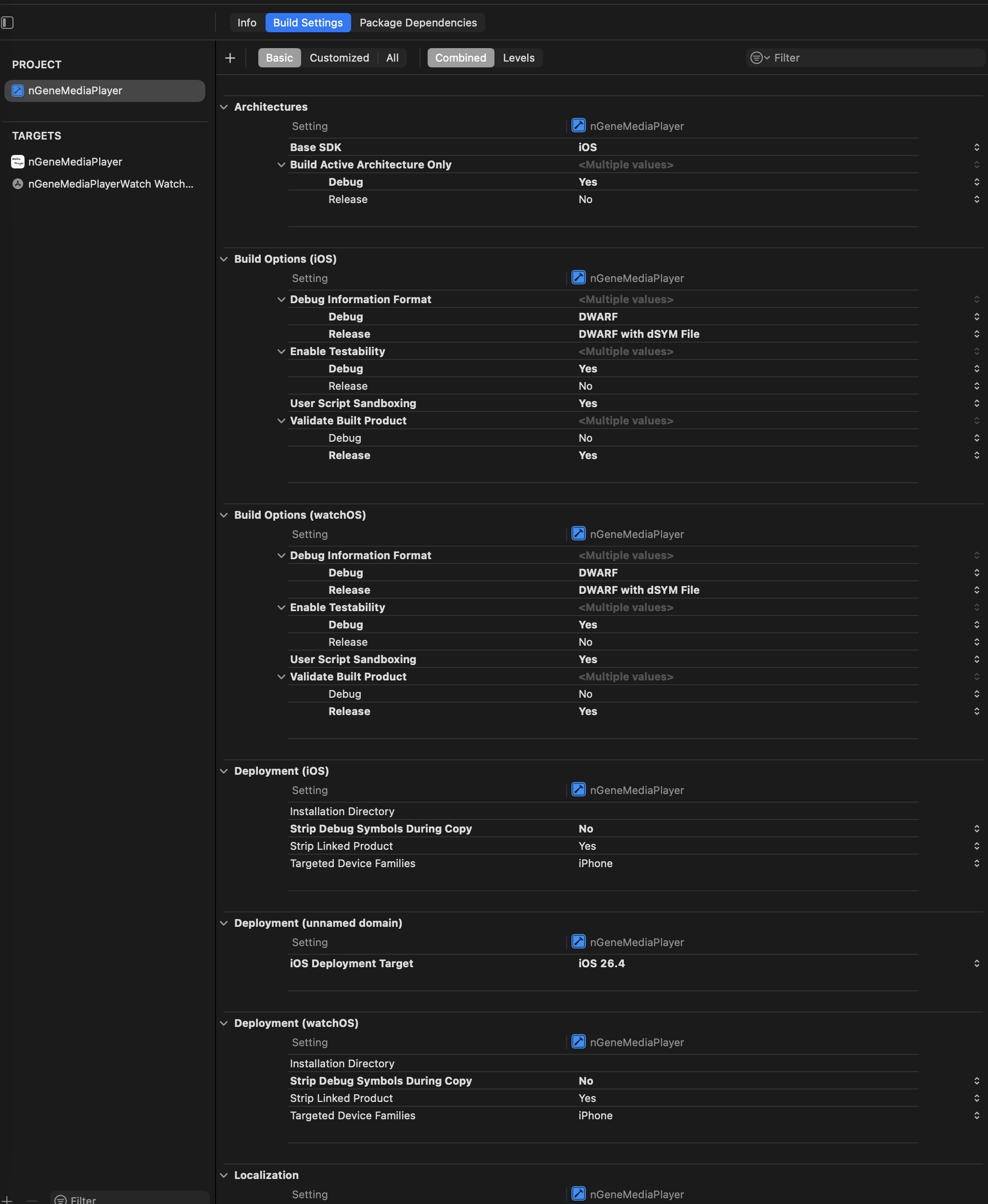 Project-level Build Settings screen where the project is selected instead of the Watch App target