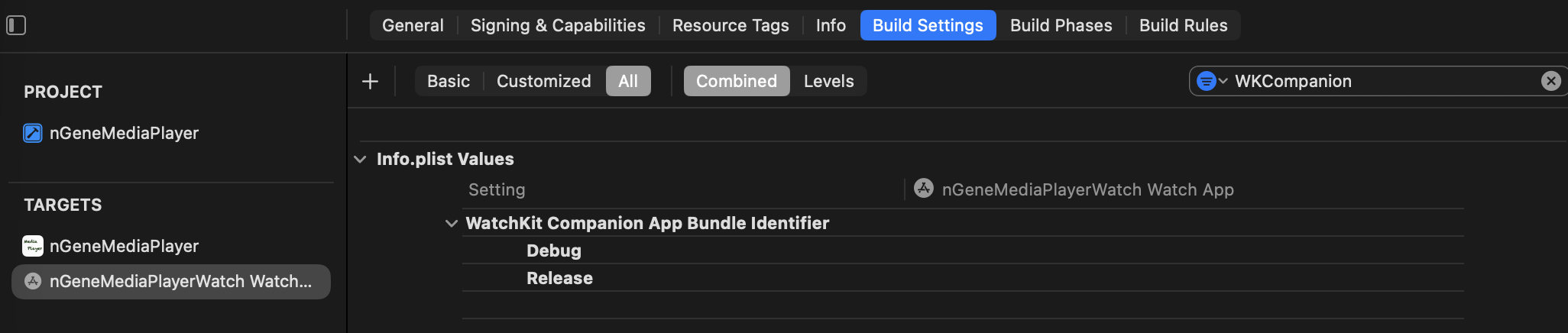 Watch App target Build Settings filtered by WKCompanion, showing empty Debug and Release values